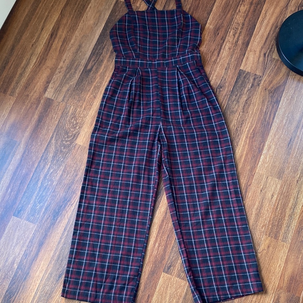 NWT VeryJ plaid jumpsuit wide leg red black white Holiday layering Sz S 90’s Y2K